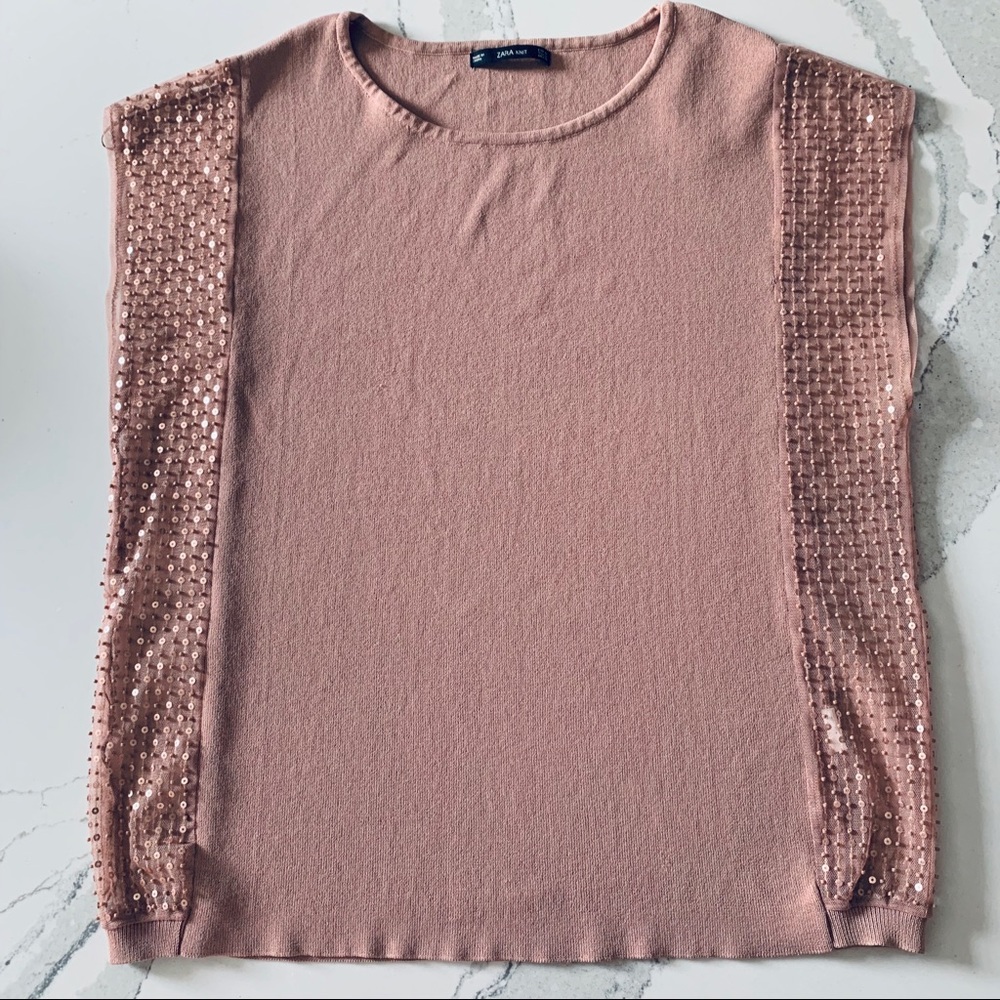 Zara Sequin Sheer Sides Knit Top Mauve M - Picture 5 of 8